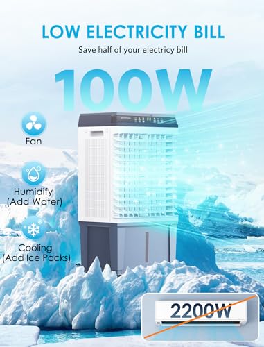 Air Choice Swamp Cooler, 1800 CFM Evaporative Air Cooler with 5.3 Gal Water Tank, 110° Swing, 3 Speeds, 4 Ice Box, Remote, 12H Timer