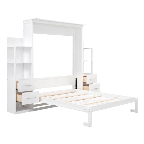Ball & Cast Queen Size Murphy Bed,Murphy Bed Cabinet W/ 2 Five-Layer Cabinet,Hideaway Wall Bed W/LED Lights,Wood Hidden Bed Frame for Guest Room