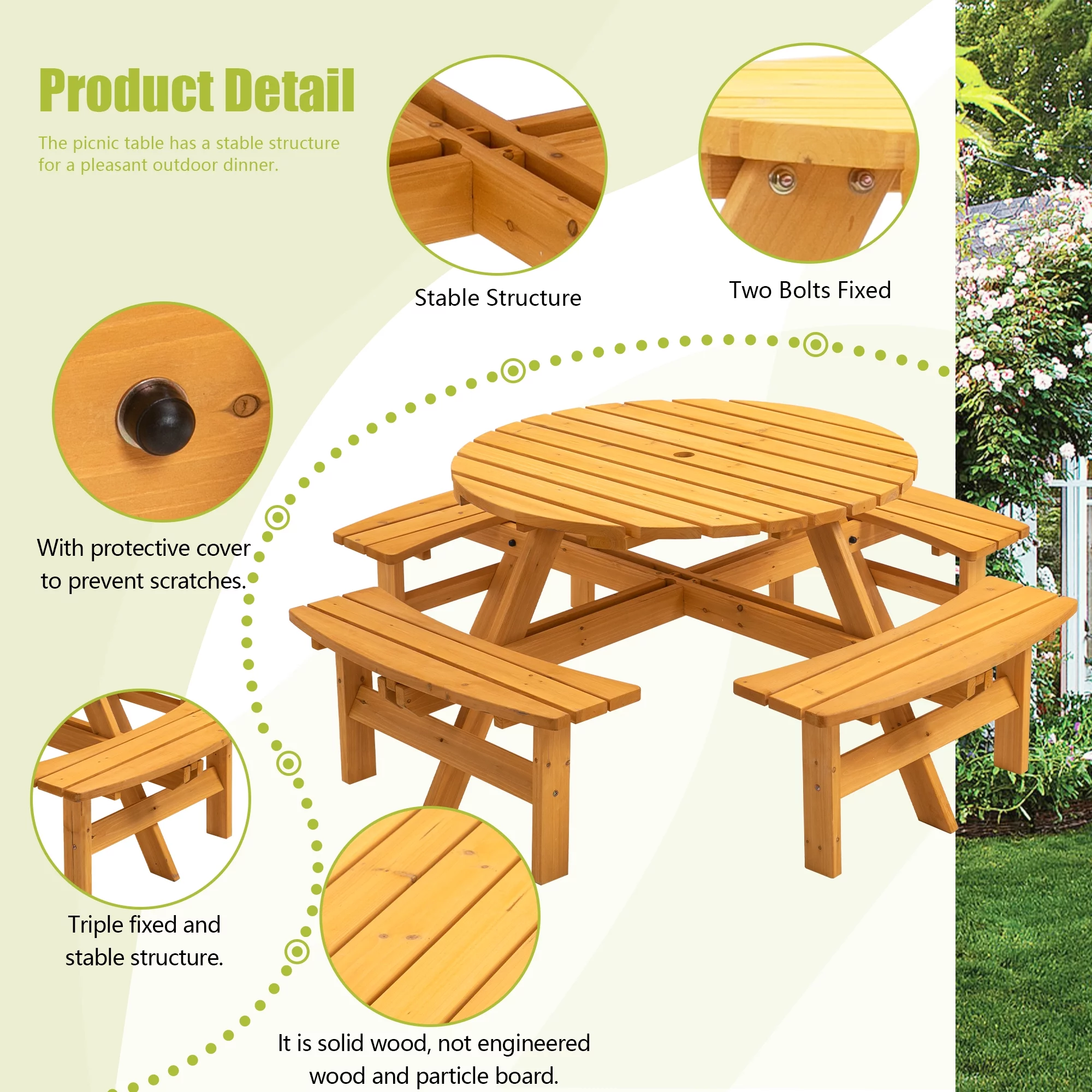 Outdoor 8-Person Circular Wooden Picnic Table w/ 4 Built-in Benches 2220lb Capacity for Garden, Patio, Backyard - Natural