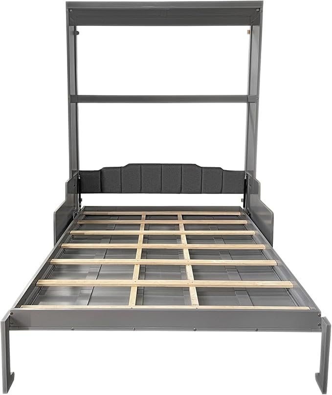 Queen Size Murphy Bed with Desk & Charging Station,Wall Bed Frame Folding into Cabinet Design w/LED & Storage Shelf for Small Space,Bedroom