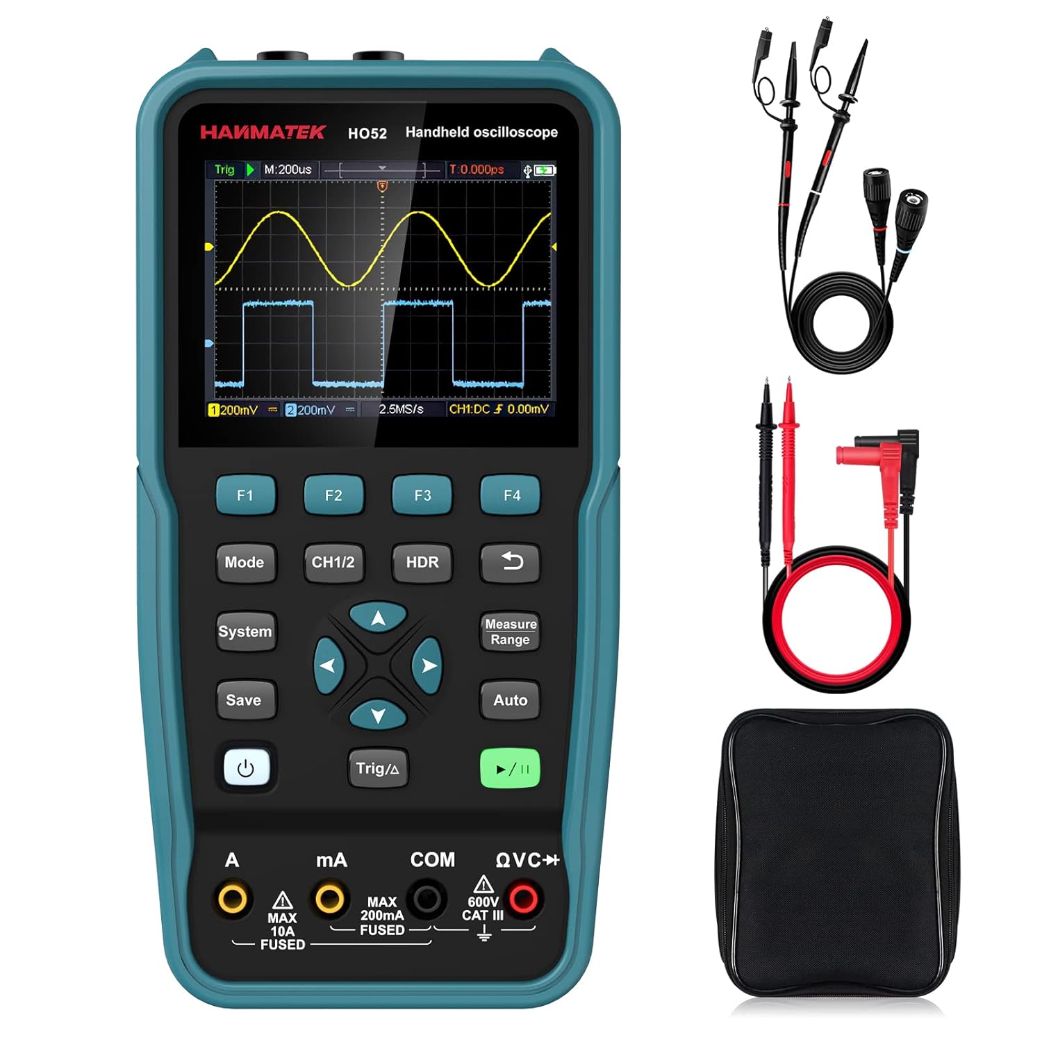 Handheld Digital Oscilloscope 50Mhz Bandwidth with 2 Channels HO52 3.5"TFT Mini Oscilloscope, 2 in 1 Oscilloscope and Multimeter, Backlit Screen