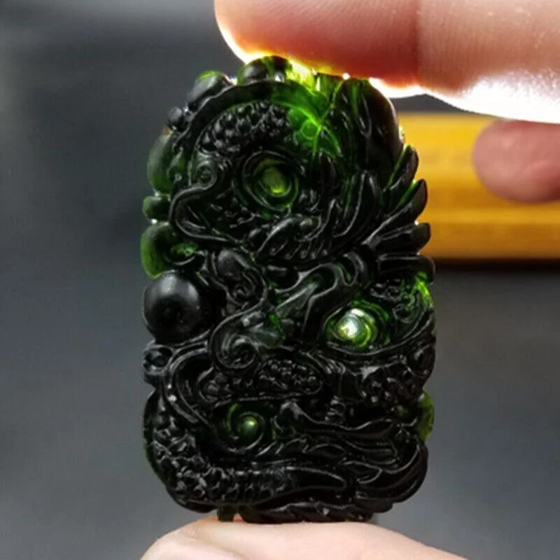 18K Gold Filled Over Silver Mens 24" Black-Green Jade Dragon Necklace D938