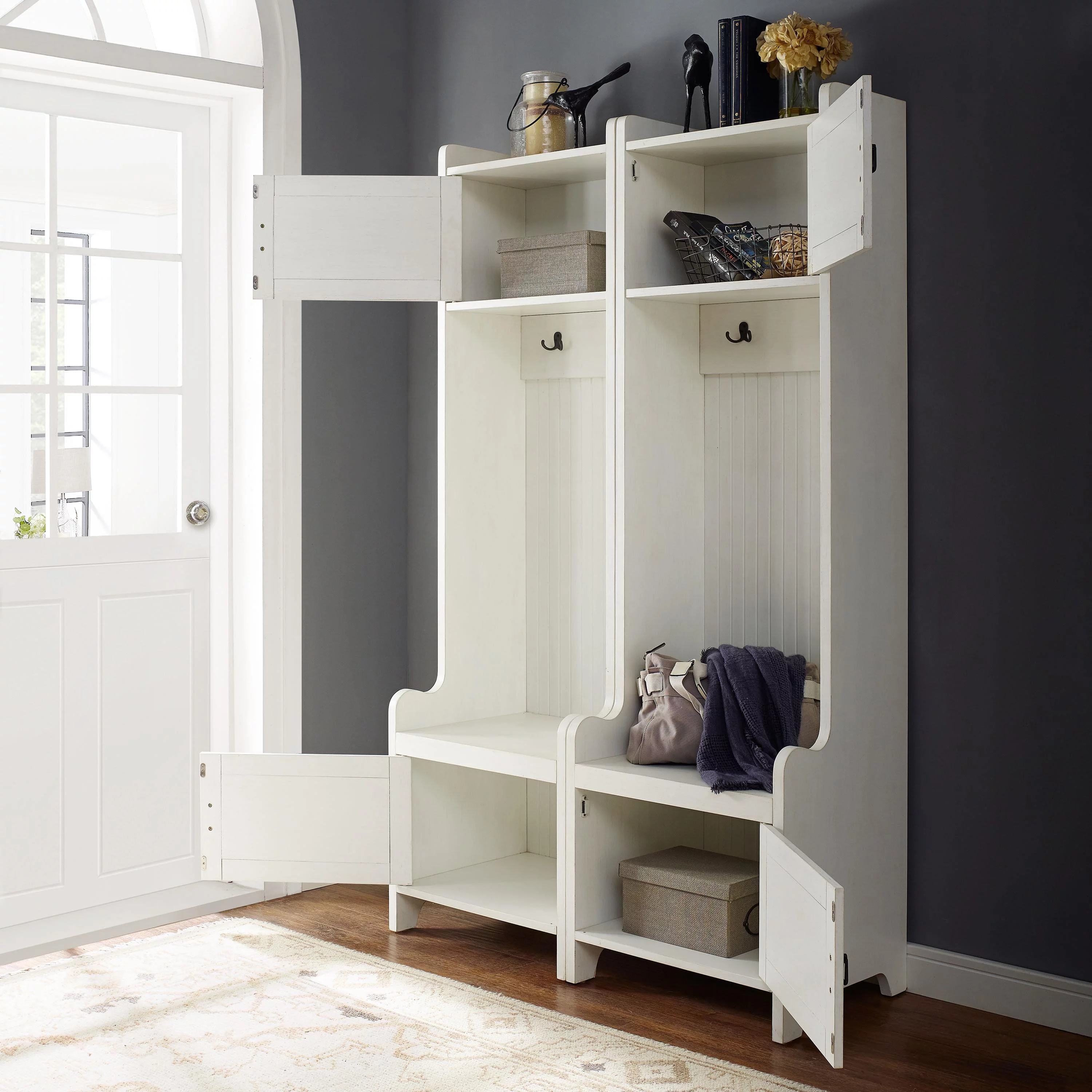 Crosley Furniture Fremont Wood Hall Tree in Distressed White (Set of 2)
