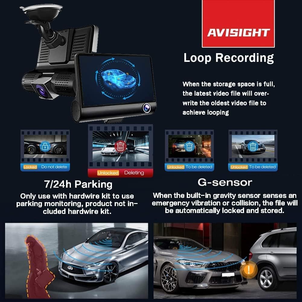 3 Channel Dash Cam Front and Rear Inside 1080P+720P+720P Dual Dash Cam for Cars Triple Three Way Driving Recorder 4" car Camera with Night Vision