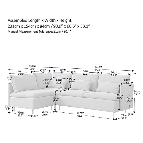 90.9 in L-Shaped Sectional Sofa, Cotton Linen 3-Seater Modular Modern Sofa Corner Couch with 3 Throw Pillows for Living Room, Bedroom