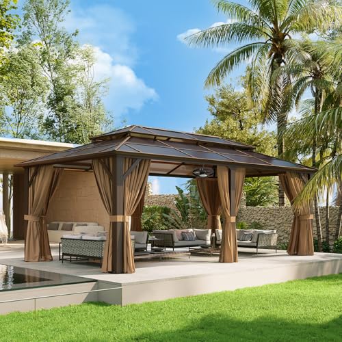 Aoxun 12'x10' Hardtop Gazebo, Aluminum Frame Permanent Pavilion with Curtains and Netting, Outdoor Polycarbonate Double Roof Canopy
