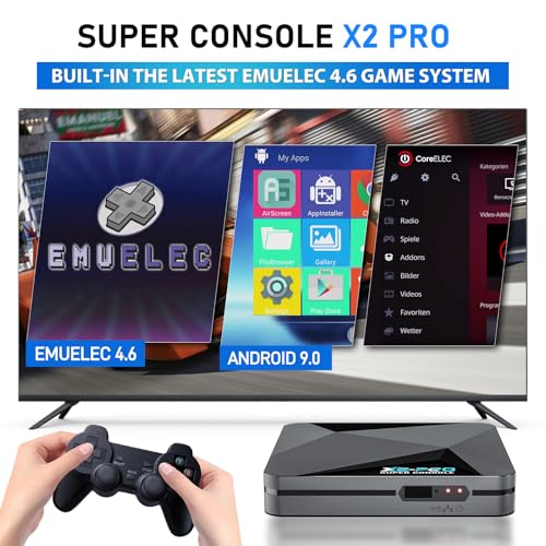 Kinhank Retro Game Console Super Console X2 Pro Built-in 65000+ Games, Video Game Console Android 9.0/CoreE/Emuelec 4.6 3 System In One, S905X2 Chip