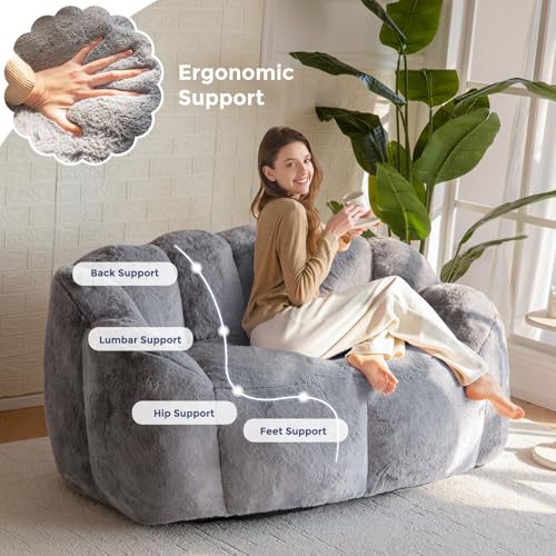 MAXYOYO Bean Bag Chair for Adults, Floral Shaped Bean Bag Sofa, Ultra Soft Faux Fur Floor Sofa, Large Reading Chair for Living Room Bedroom, Beige