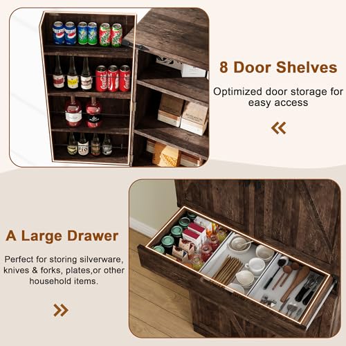 72" Tall Storage Cabinet, Kitchen Pantry Cabinet with Adjustable Shelves & Sturdy Steel Frame, Farmhouse Pantry Storage with 4 Barn Doors for Kitchen