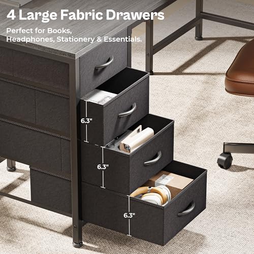 Huuger 63 Inch L Shaped Desk with Fabric Drawers, Reversible Computer Gaming Desk with Power Outlets and USB-C Port, Adjustable Side Storage Shelves