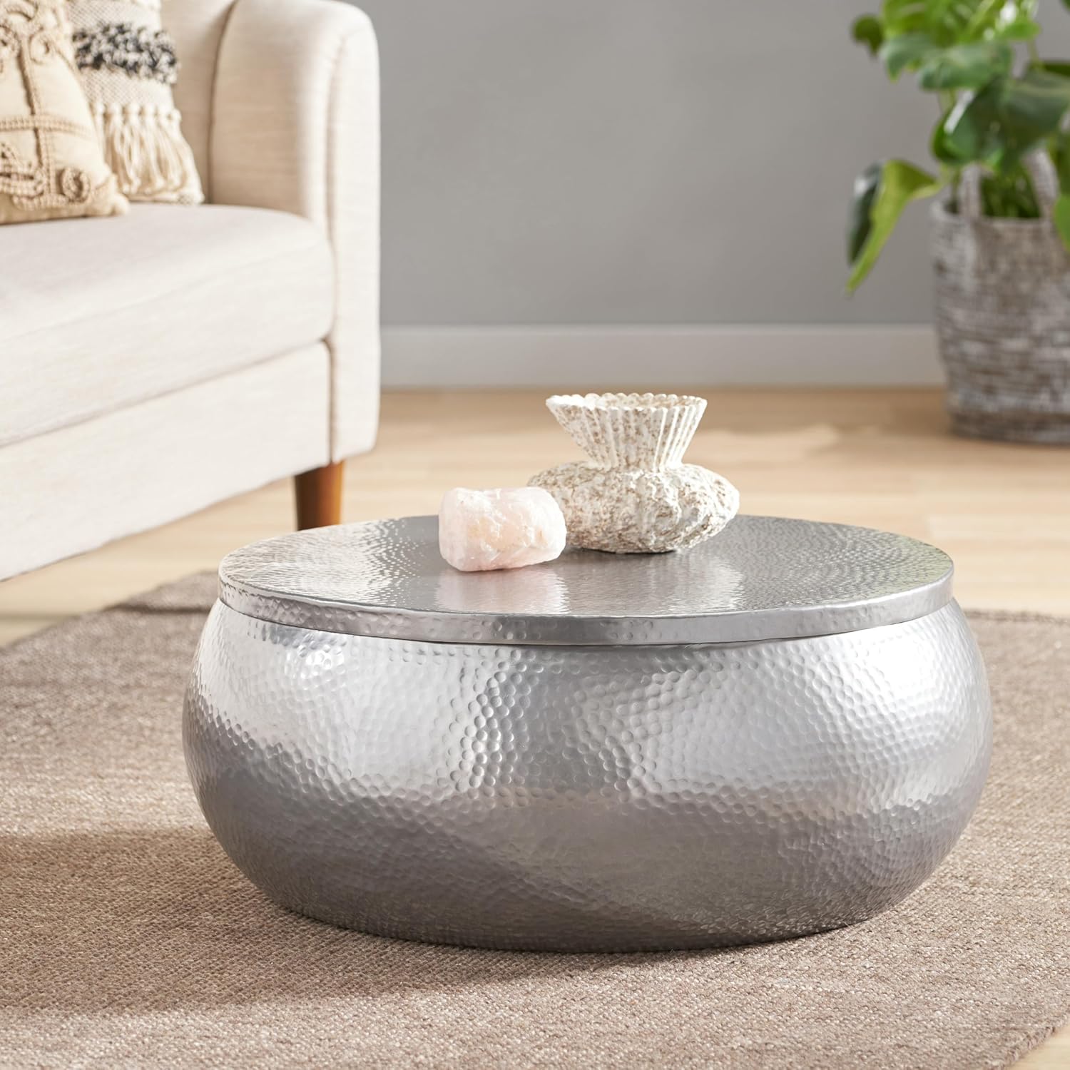 29" Modern Solid Aluminum Round Drum Coffee Table with Hammered Embossed Texturing