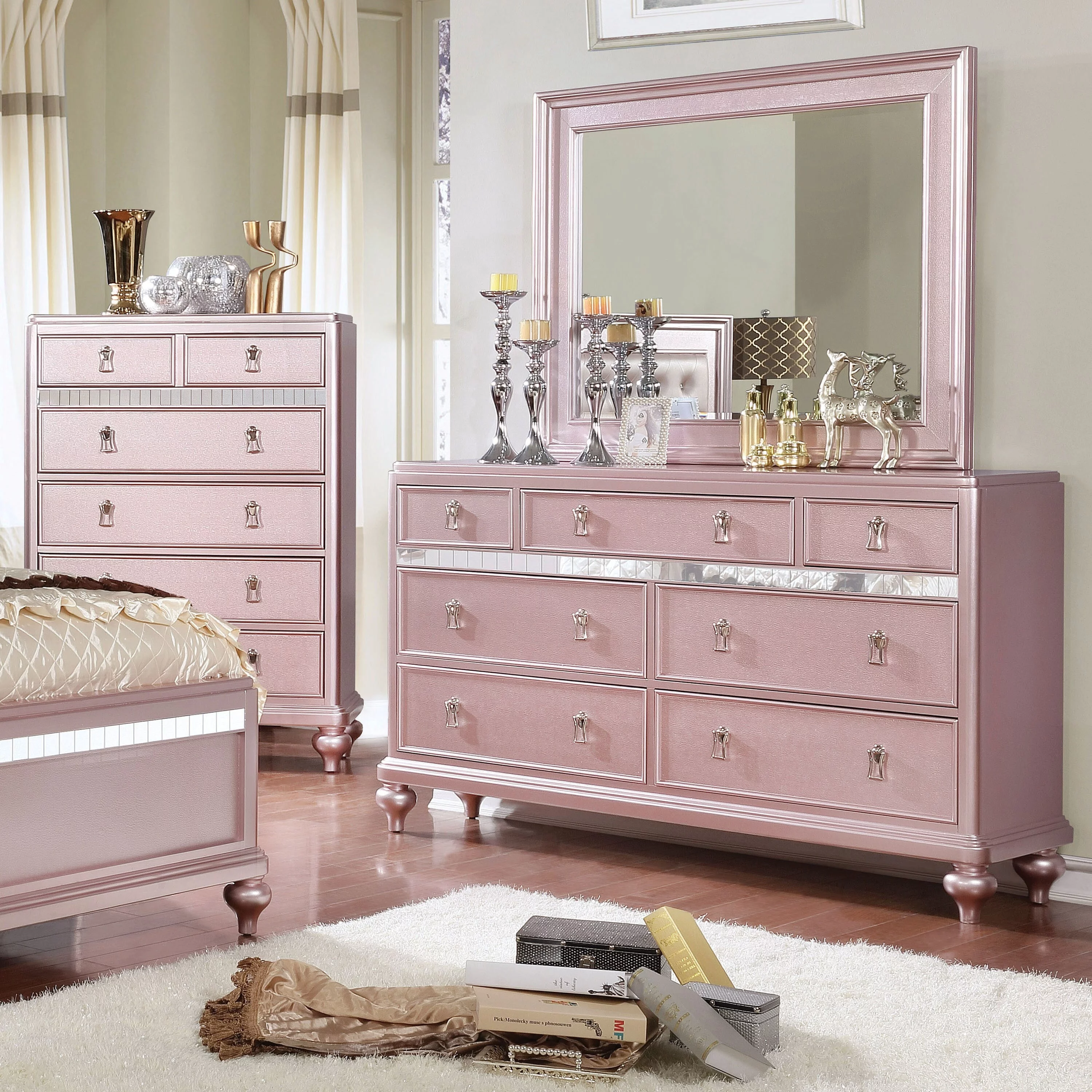 Copper Grove Dzhebel II Contemporary 2-piece 7-Drawer Dresser and Mirror Set by  Rose Gold Mirrored Finish, Goldtone Finish Light Wood