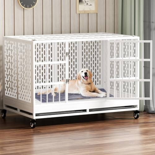 48/42/38 Inch Heavy Duty Dog Crate with Wheels, Folding Metal Big Dog Cage for Large and Medium Dogs