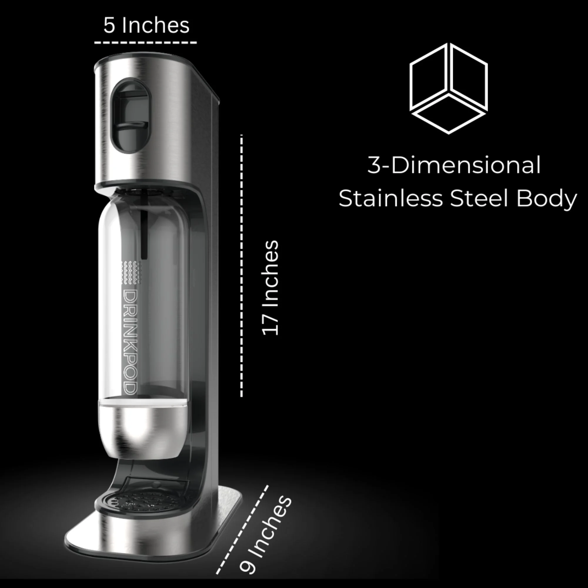 Drinkpod Stainless Steel Premium Sparkling Water Machine | Includes 1 C02 Cylinder & 3 x Bottles | Ultra Fizz Carbonated Machine In Stainless Steel