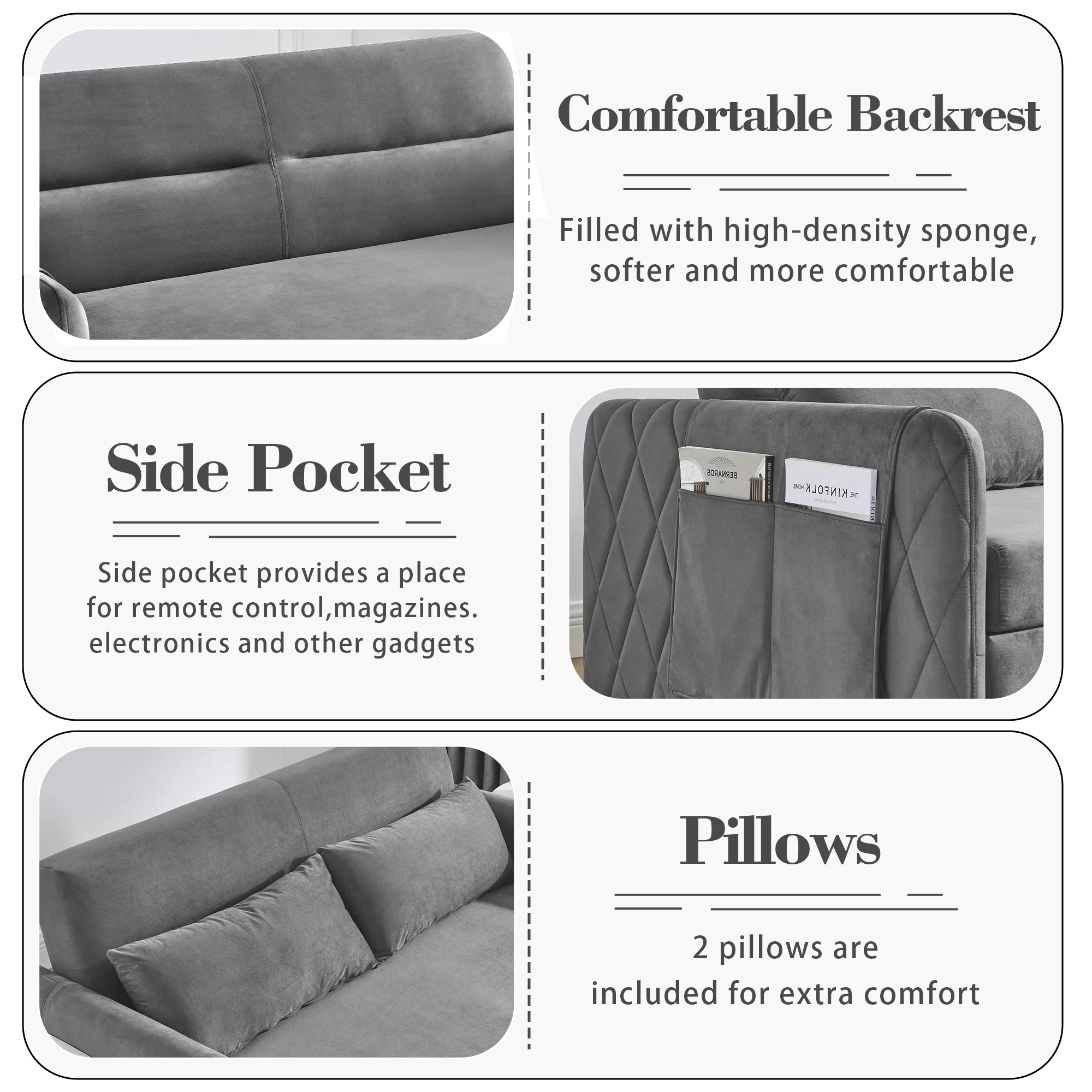 Ufurpie 55"L Modern Velvet Pull Out Sofa Bed,Convertible Velvet Sleeper Sofa Bed with Adjustable Backrest&2 Pillows,Gray