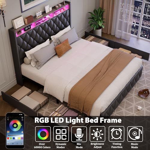 GarveeHome Queen Bed Frame with 50.8" Tall Headboard, Platform Velvet Upholstered Bed Frame with 4 Storage Drawers, USB Charging Station, Led Lights