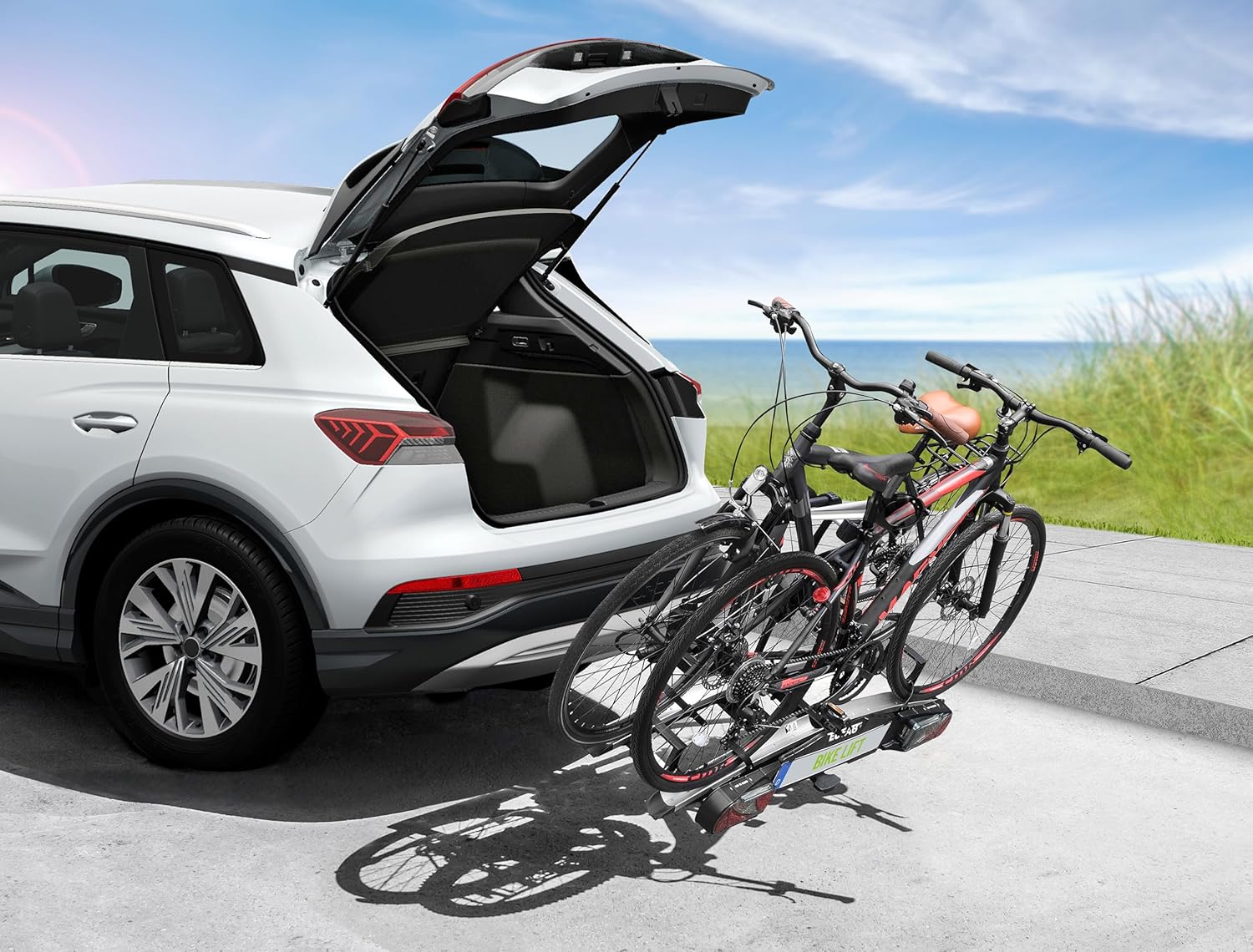 EUFAB 11554 Bicycle Carrier Bike Lift, Suitable for E-Bike, Fully Pre-Assembled, Electric Lower, Theft Protection, for 2 Bikes, for Towing Hitch