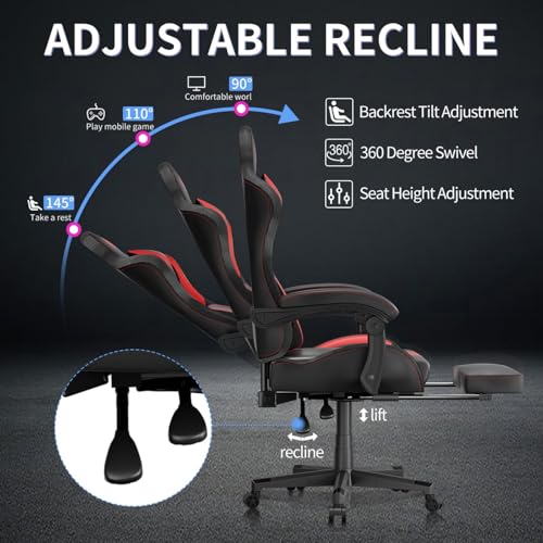 Gaming Chairs for Adults Tall and Kids，Lumbar Support,LED Lights，High Back Reclining Computer Chair with Headrest (Black+Blue)