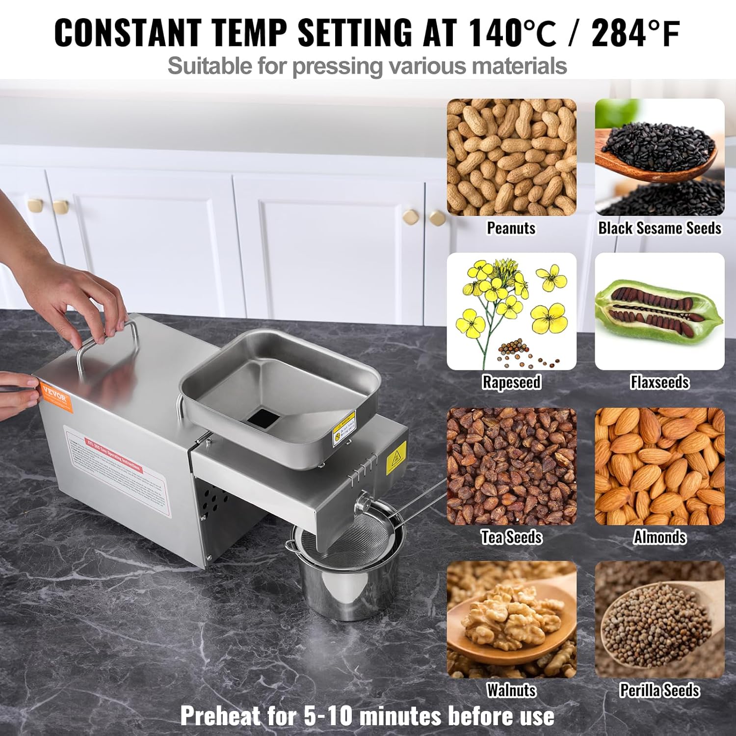 VEVOR Electric Oil Press Machine, 700W Stainless Steel Oil Extractor Machine, 140℃ / 284℉ Constant Temperature