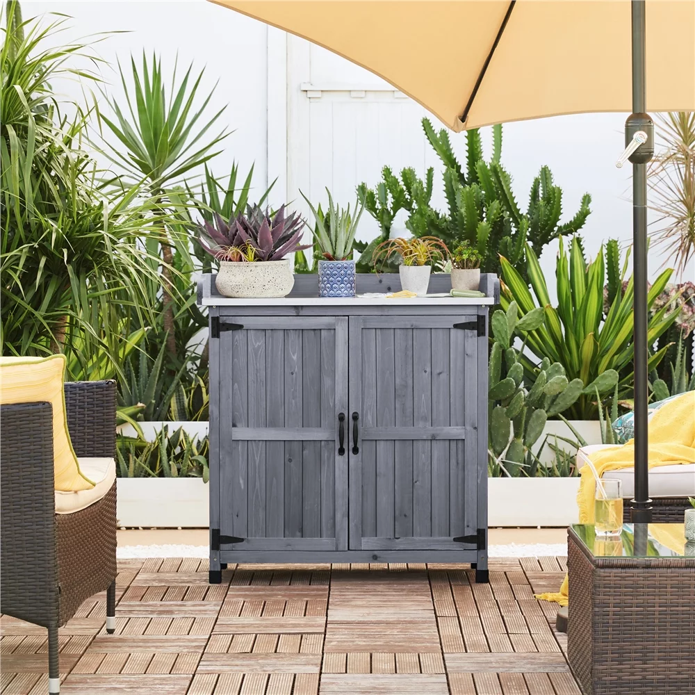 SmileMart Wooden Garden Potting Bench Table with Cabinet for Outdoor, Gray