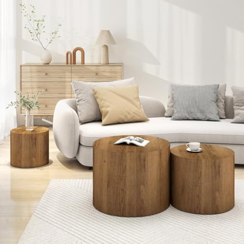 Vikiullf Nesting Coffee Table Set of 3, Round Wooden Coffee Tables, Modern Circle Table for Living Room, Bedroom, Accent Side Table