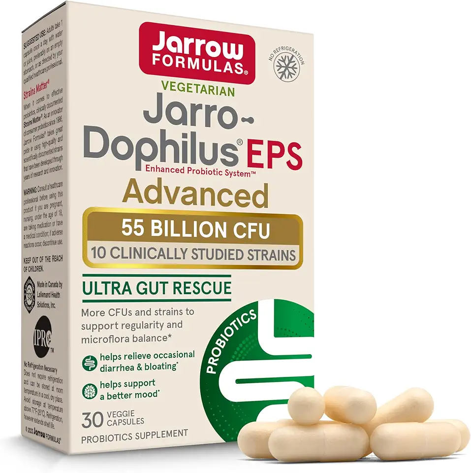 Jarrow Formulas Jarro-Dophilus EPS Advanced, 55 Billion CFU Probiotics, Digestive Support for Adults, 30 Probiotic Supplement Veggie Capsules