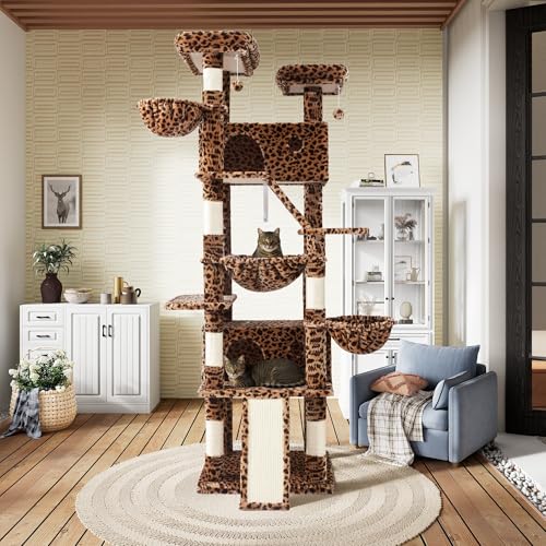 SHA CERLIN 81in Multi-Level Tall Cat Tree Tower for Indoor Kitties/Larger Cat Condo Furniture with Hammock/Cozy Pussycat Perches/Sisal Scratching