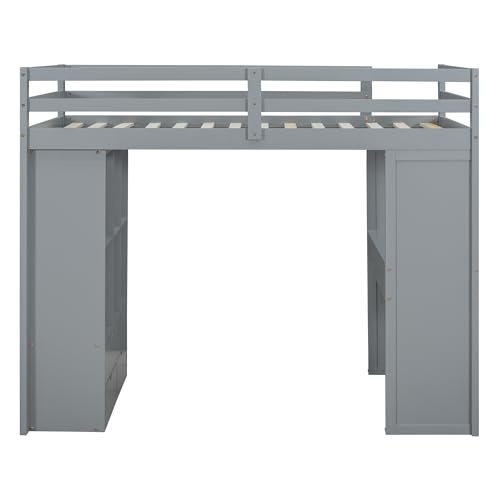 Full Size Loft Bed with Desk & Wardrobe, Solid Wood Kids Loft Bedframe w/3 Storage Drawers & 2 Shelves, Maximum Space Design, for Bedroom, Dorm, Gray