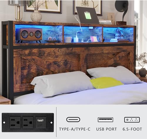 Farmhouse Full Size Bed Frame with Storage Bookcase Headboard and Drawers, RGB LED Lights and Charging Station, No Box Spring Needed, Noise Free