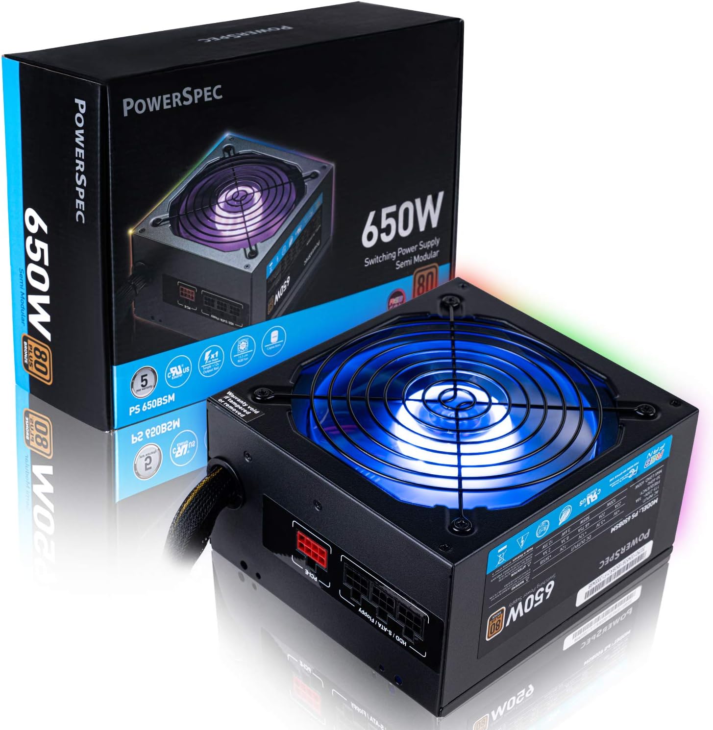 PowerSpec 650W Power Supply 80 Plus Bronze Certified Fixed Cable Non-Modular ATX PSU Active PFC SLI Crossfire Ready Gaming PC Computer Switching