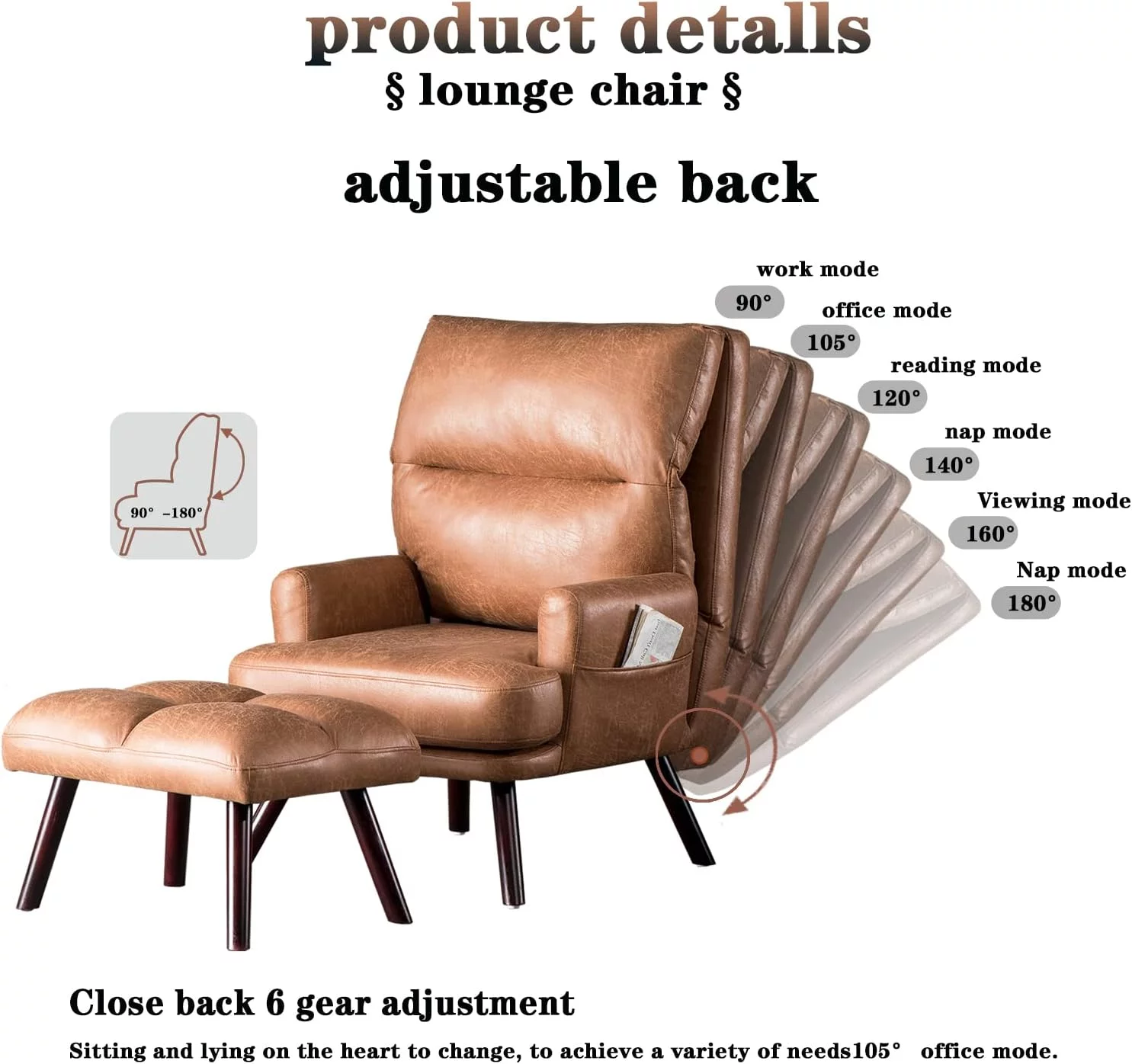 HOOOWOOO Accent Chair with Ottoman Set,Wood Leg Adjustable Lounge Chair and Ottoman with Side Bags(Faux Suede Fabric,Light Brown)