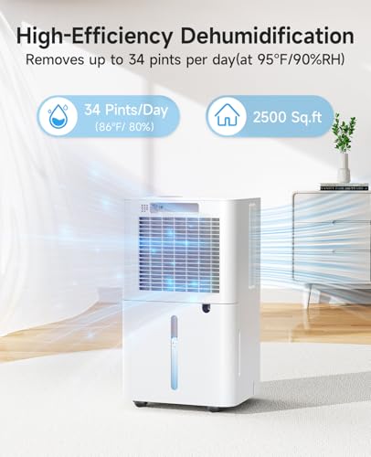 2500 Sq.Ft Dehumidifier for Basement with Drain Hose, 34 Pints Dehumidifiers for Home Large Room Bathroom Bedroom,3 Modes