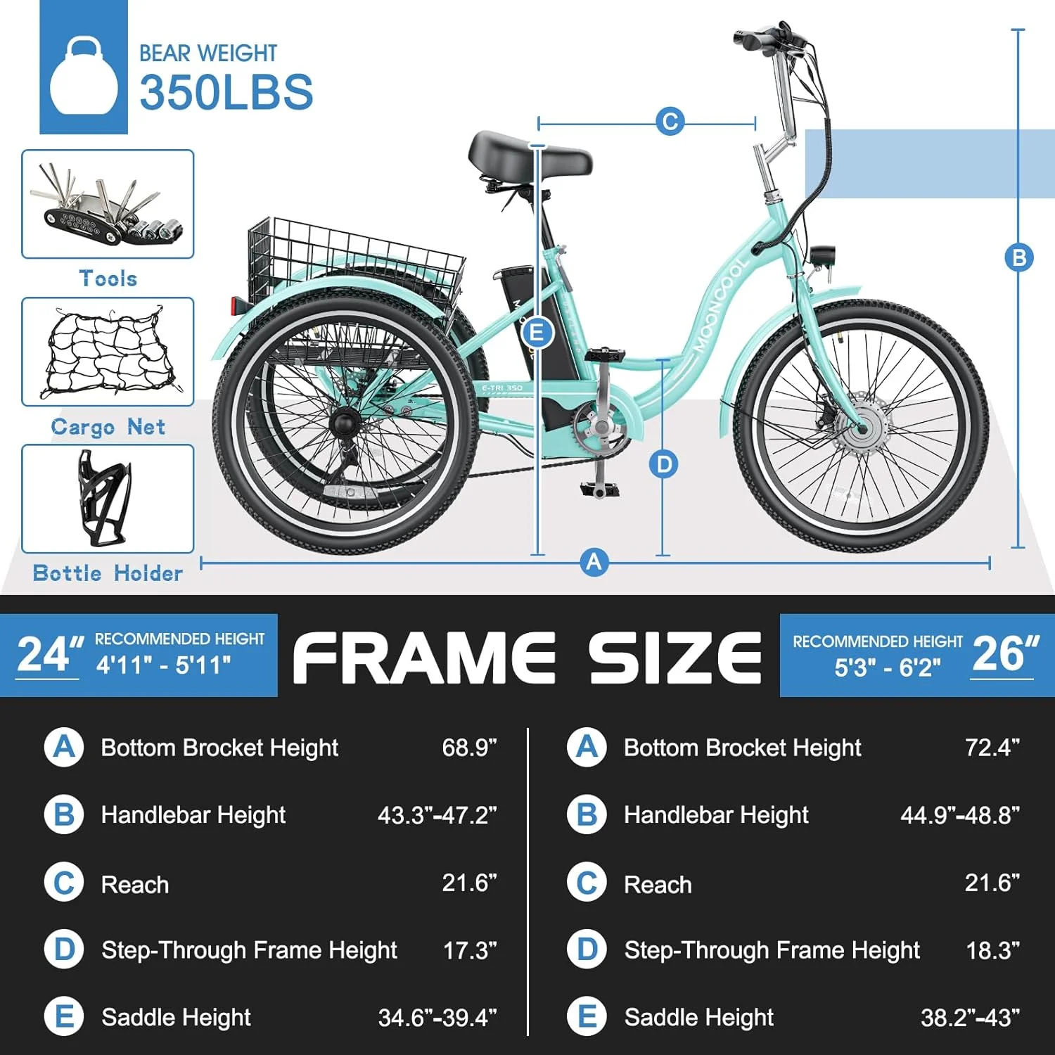 MOONCOOL 350W Motorized Electric Trike, 7 Speed 3 Wheel Electric Bicycle with 36V 14.5Ah Lithium Battery UL Certified