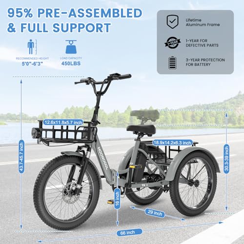 MOONCOOL Electric Trike, Electric Tricycle for Adults, 20" Folding 3 Wheels Electric Bicycle Bikes