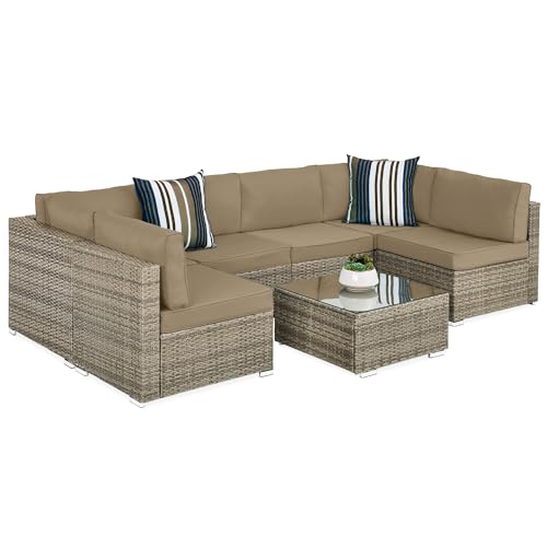 Best Choice Products 7-Piece Modular Outdoor Sectional Wicker Patio Conversation Set w/ 2 Pillows, Coffee Table, Cover Included - Gray/Navy