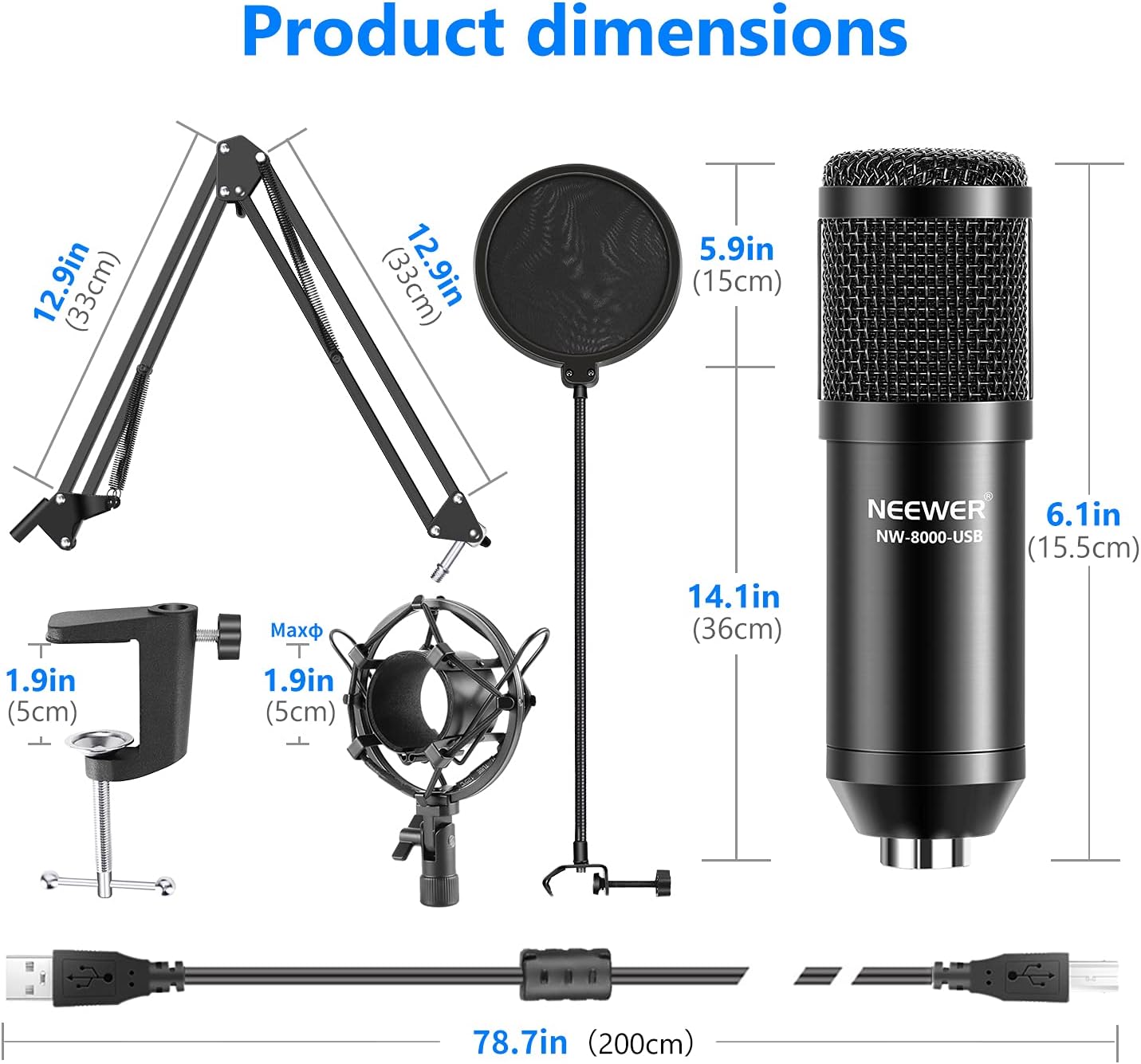 Neewer USB Microphone Kit, Plug & Play 192kHz/24-Bit Supercardioid Condenser Mic with Boom Arm and Shock Mount for YouTube Vlogging, Gaming