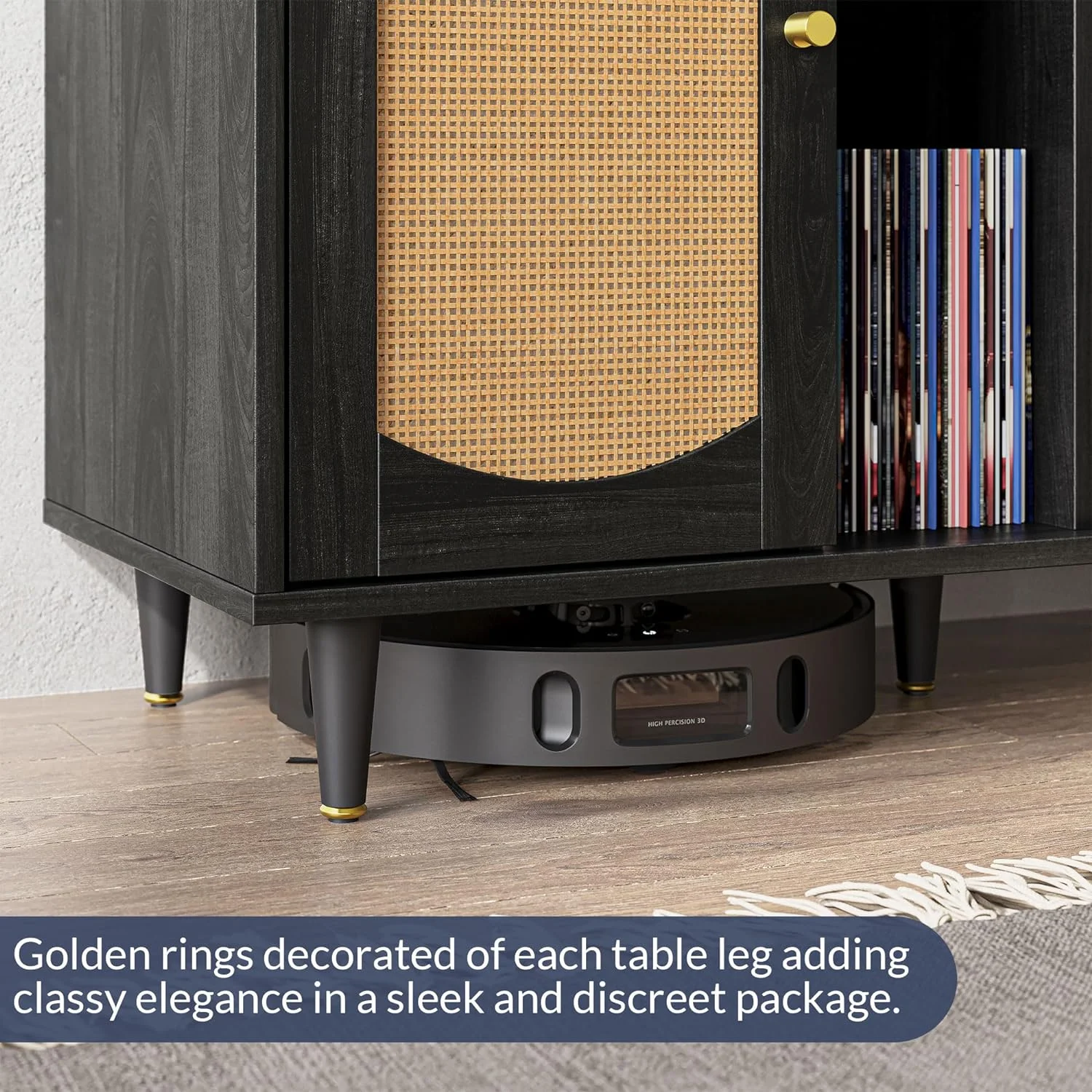 LNboomLife Mid-Century Record Player Stand  Vinyl Record  Cabinet Holds up to 350+ Albums  Rattern Decorated Turntable Stand with Power Outlet for