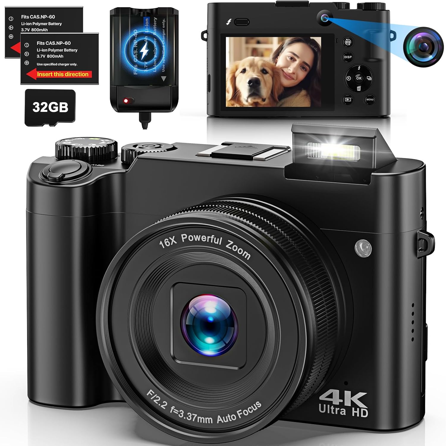 4K Digital Camera for Photography, Dual 64MP Autofocus Vlogging Camera for YouTube, 2.8" Screen Compact Travel Camera with 32GB SD Card, Anti-Shake