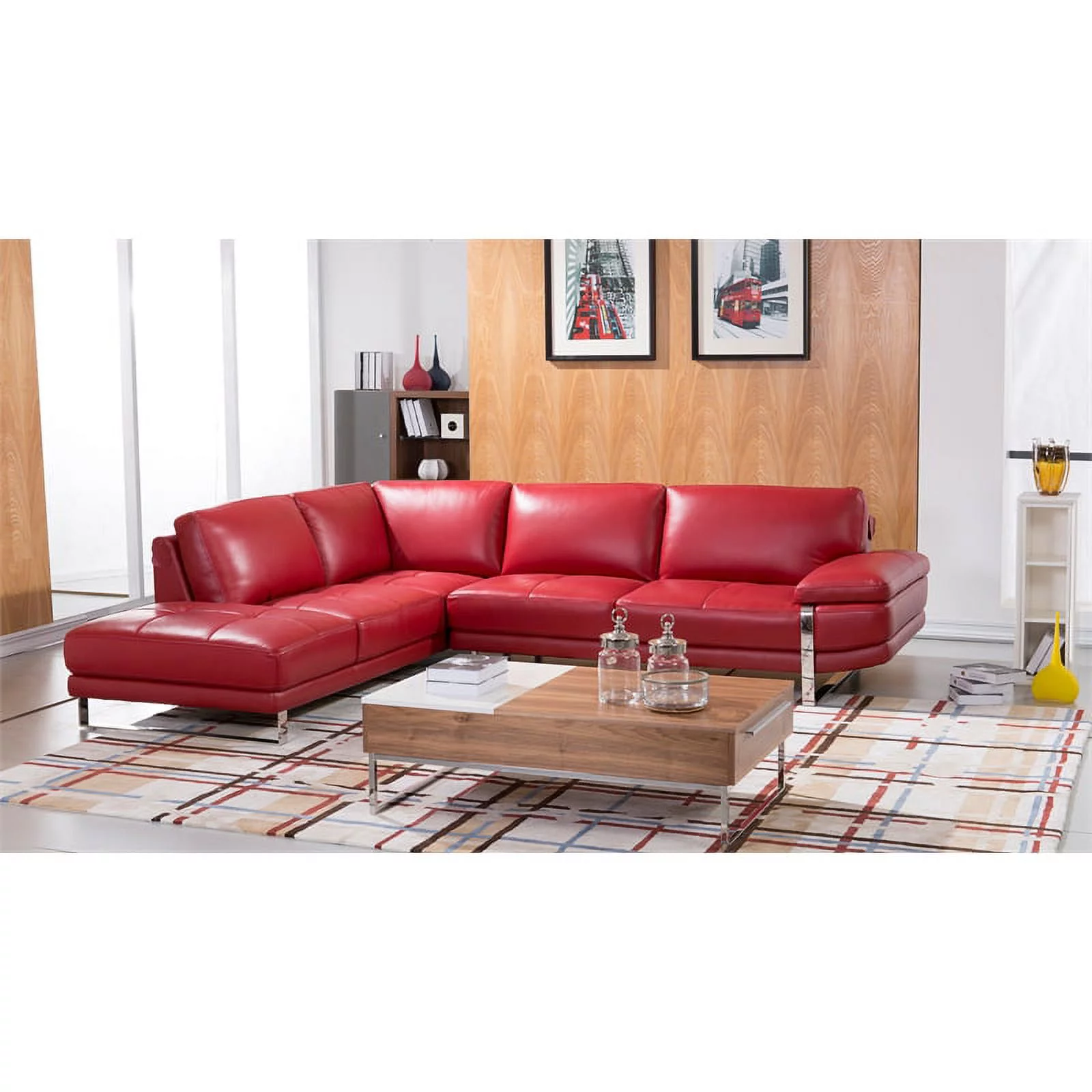 EK-L025 Red Color With Italian Leather Sectional - Left Facing Chaise