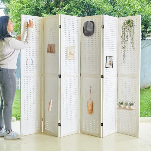 Room Divider Freestanding Folding Pegboard Privacy Screen | 4-Panel Display Stand for Jewelry, Craft Shows, Retail | Natural Wood