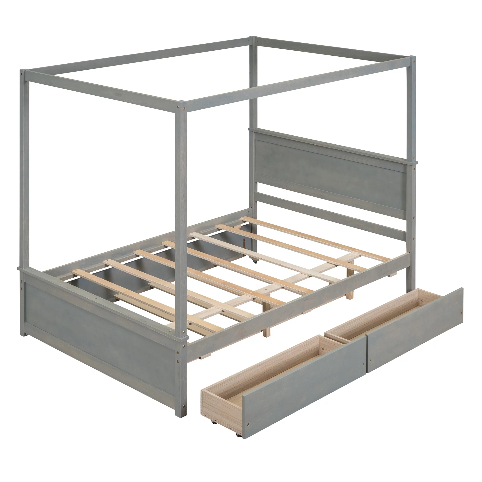 Churanty Full Size Canopy Bed Frame with Trundle and 2 Storage Drawers,Wood Full Platform Bed with Headboard,Gray