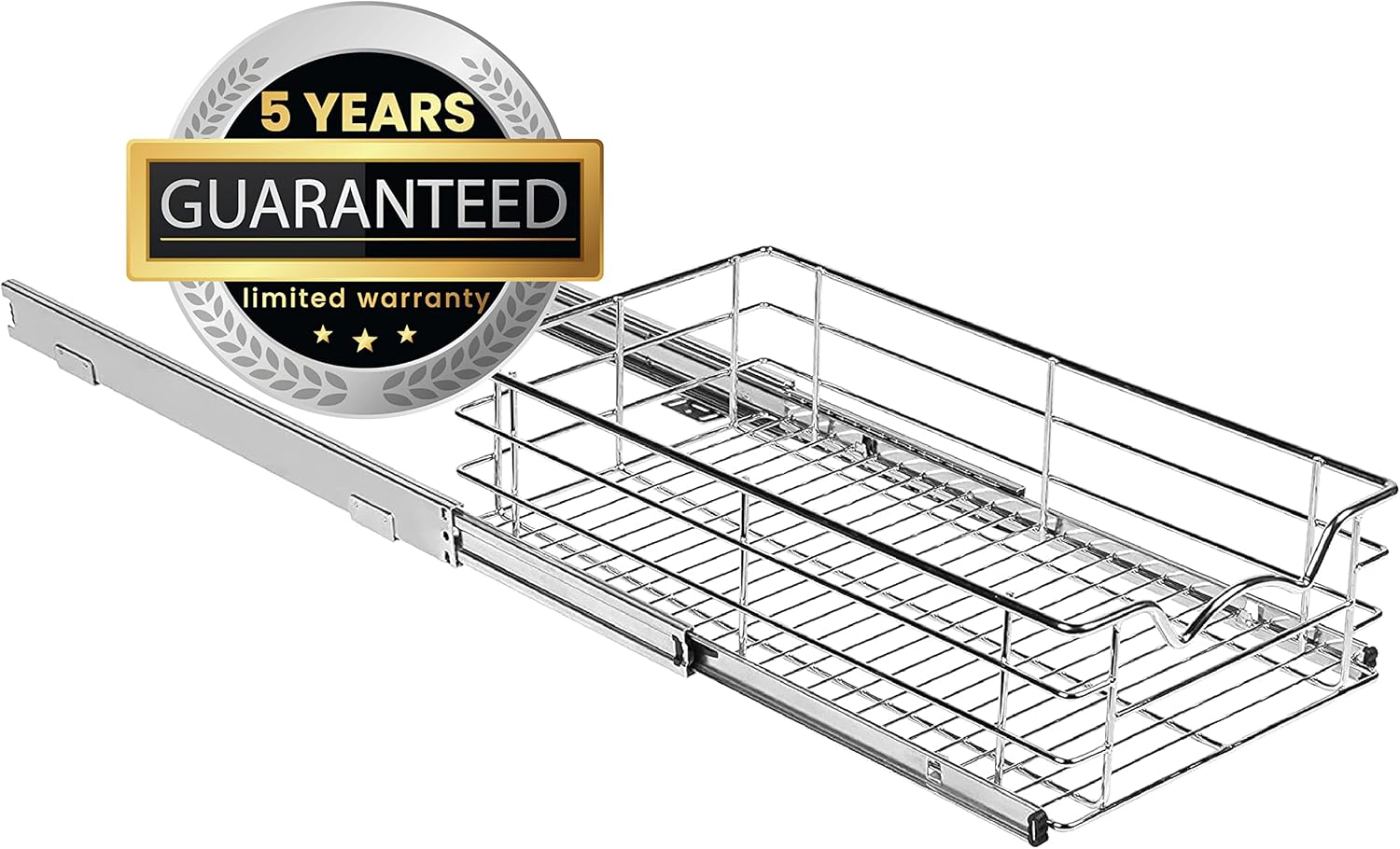 Heavy Duty Pantry Pull Out Cabinet Organizer Basket 5” High –5 Year Limited Warranty- Slide Out Drawer Shelf for Pots, Pans, Cans, jars, Canisters