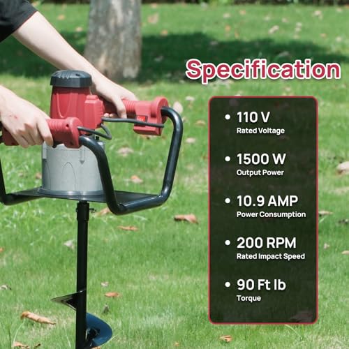 DC HOUSE 1500W Electric Post Hole Digger Earth Auger Hole Digger Auger Digging Tools Auger with 8" Digging Auger and Extension Rods for Farmland