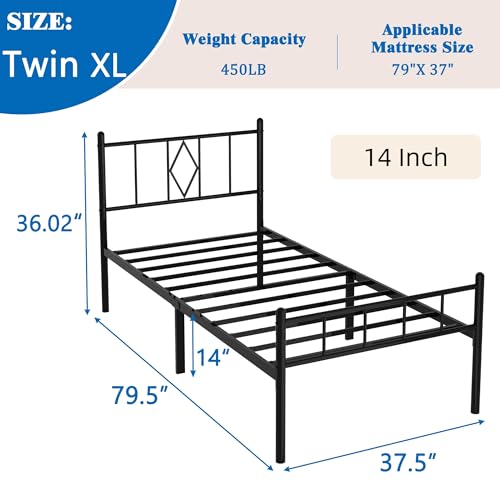 Full Size Bed Frame, 14 Inch Metal Platform Bed with Iron-Art Headboard & Footboard, Classic Bed Frame with Heavy Duty Metal Slats Support