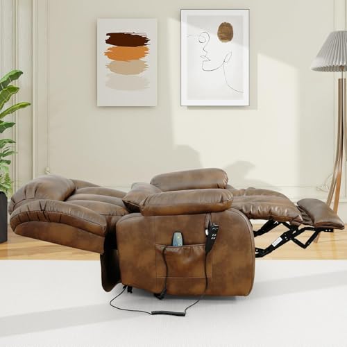 EDILLY Large Genuine Leather Power Lift Recliner Chairs for Elderly, Dual Motor with Massage and Heating,Double Lumbar Cushion and Extended Footrest