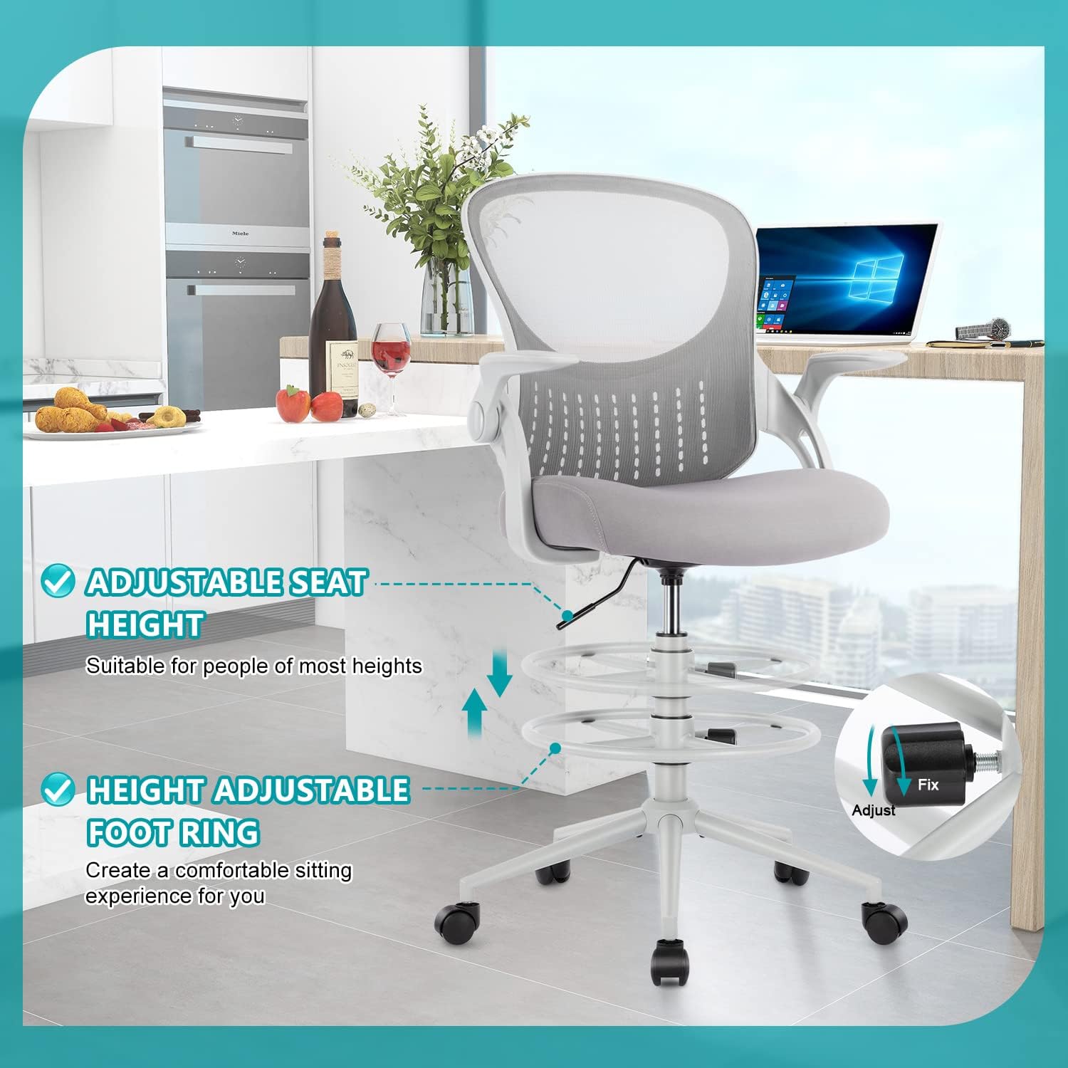 edx Drafting Chair Tall Office Chair, Tall Standing Desk Chair Counter Height Tall Adjustable Office Chair with Flip-up Arms/Wheels