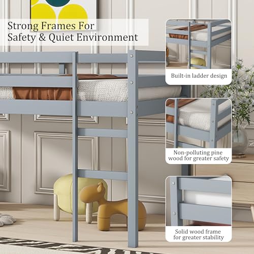 Low Loft Bed Twin Size, Kids Solid Wood Modern Loft Bed Frame with Ladder and Safety Guardrail for Girls Boys, Noise-Free,Non-Toxic Finishes