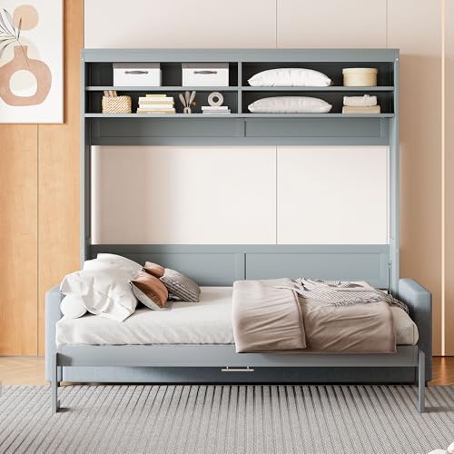 Harper & Bright Designs Queen Size Murphy Bed with Cushion and Storage Shelves, Wood Queen Platform Bed with Sofa, Wall Bed