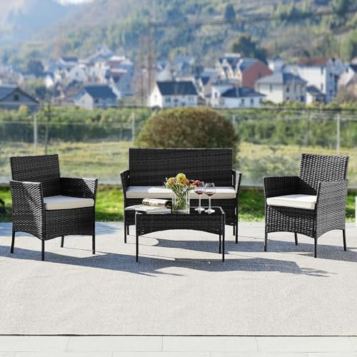 DUMOS Patio Furniture Set 4 Pieces, Outdoor Wicker Furniture with Coffee Table, Modern Rattan Patio Chairs Conversation Sets with Sofa for Garden