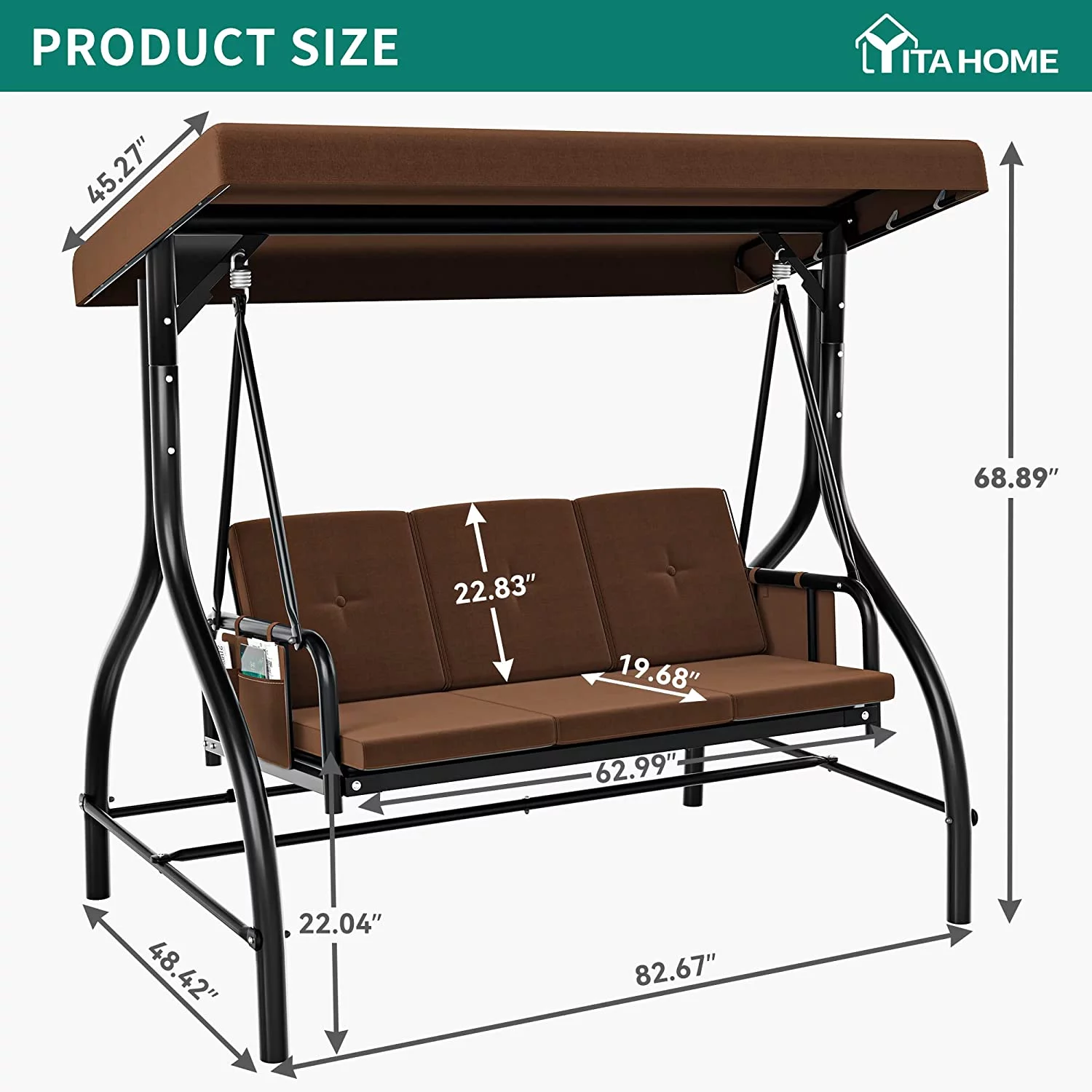 Dextrus Porch Swing Bed 3-Seats Outdoor Patio Swing Heavy Duty Swing Chair with Adjustable Canopy Removable Cushion, Suitable for Adult in Garden